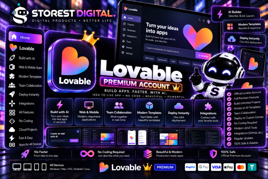 اشتراك Lovable لمدة سنة عبر STOREST DIGITAL. اختر Lite Pro بسعر 20$ أو Dev Pro بسعر 60$. أنشئ مواقع وتطبيقات الويب بالذكاء الاصطناعي.