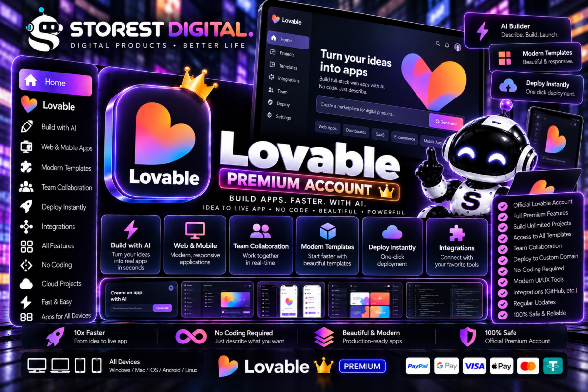 اشتراك Lovable لمدة سنة عبر STOREST DIGITAL. اختر Lite Pro بسعر 20$ أو Dev Pro بسعر 60$. أنشئ مواقع وتطبيقات الويب بالذكاء الاصطناعي.