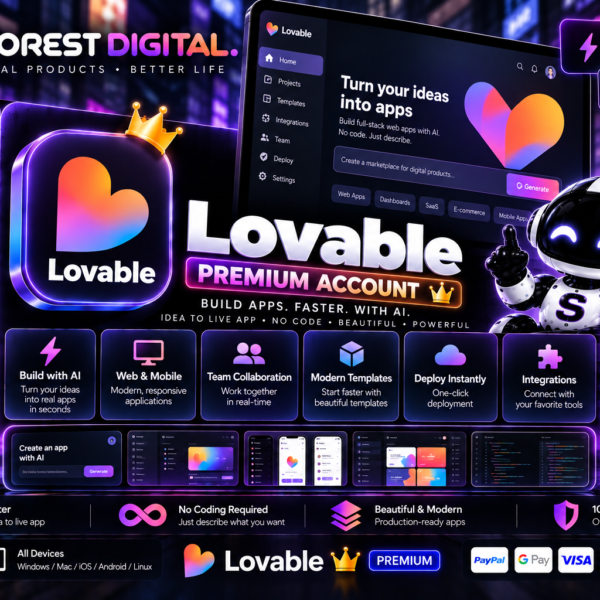 اشتراك Lovable لمدة سنة عبر STOREST DIGITAL. اختر Lite Pro بسعر 20$ أو Dev Pro بسعر 60$. أنشئ مواقع وتطبيقات الويب بالذكاء الاصطناعي.